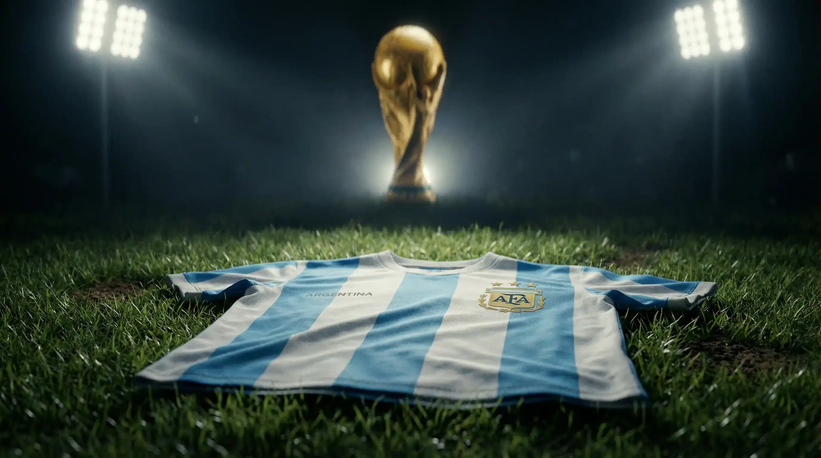 Argentinsk fotballdrakt og VM-pokalen i bakgrunnen mot blå og hvit bakgrunn