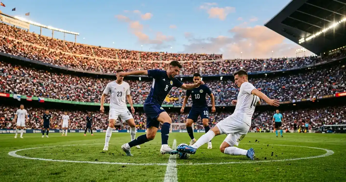 To landslag i kamp om ballen under VM 2026 på et amerikansk stadion