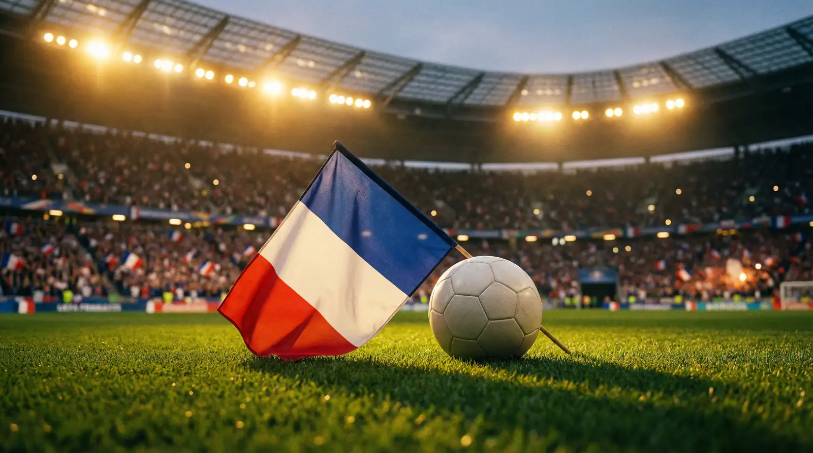 Det franske flagget og en fotball på grønt gress foran et fullsatt VM-stadion