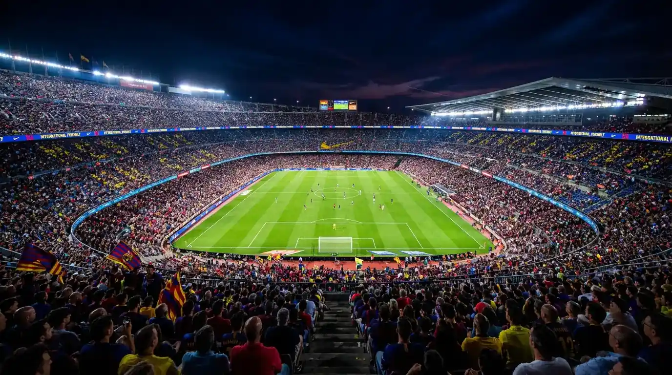 MetLife Stadium i New Jersey opplyst om kvelden under en internasjonal fotballkamp med fullsatte tribuner