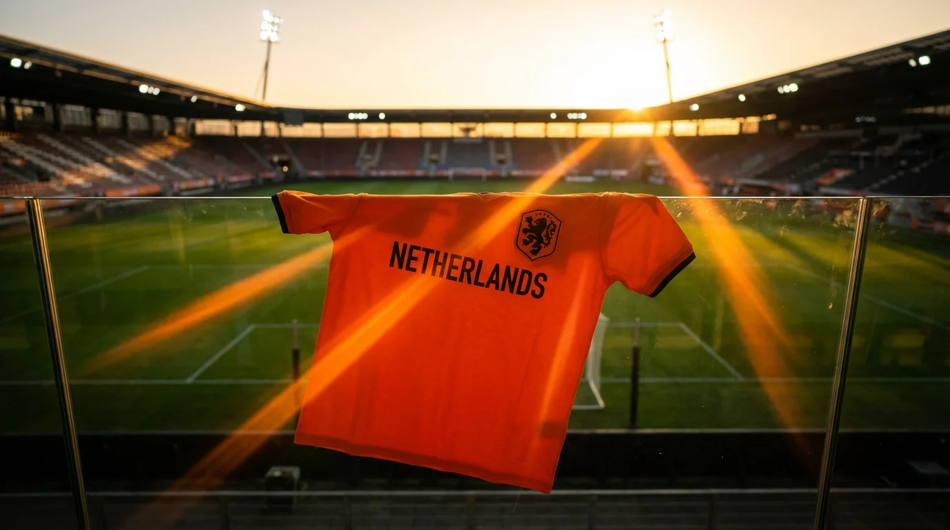 Nederlandsk fotballdrakt i oransje mot en VM-stadionbakgrunn