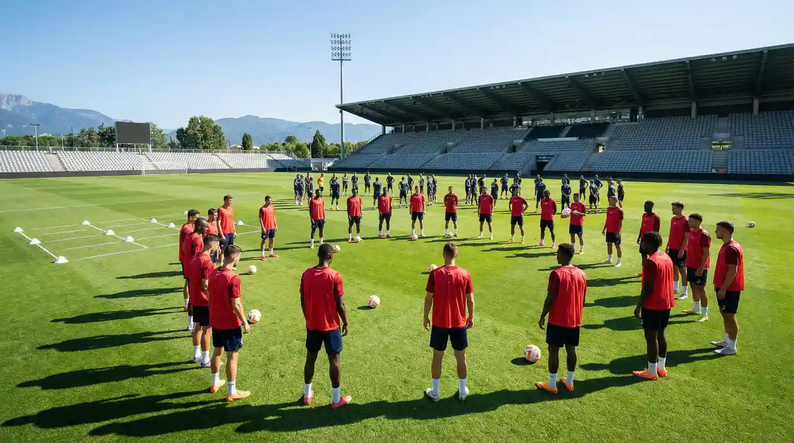 Norske fotballspillere i røde drakter på treningsfeltet foran VM 2026 med fotballer og treningsutstyr