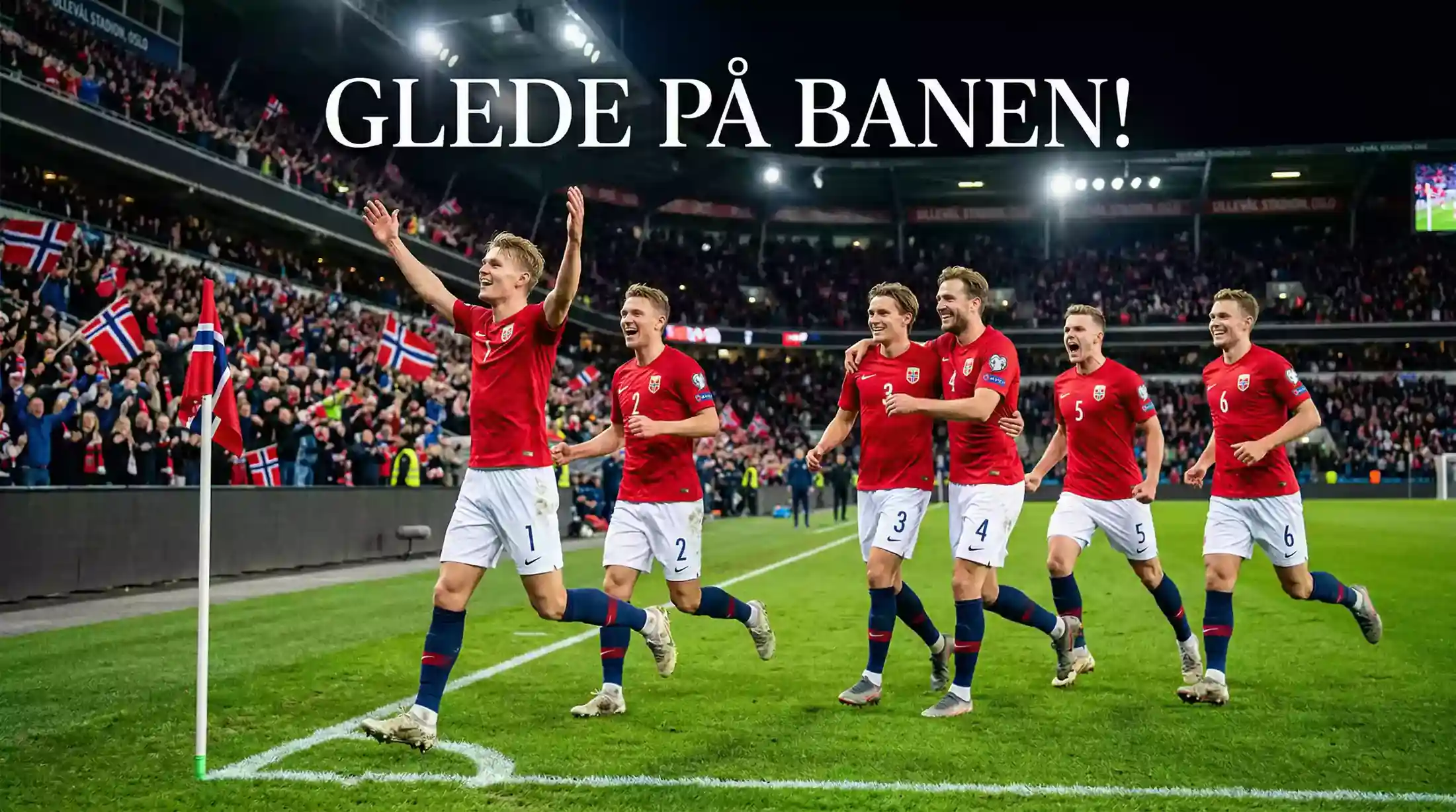 Norske landslagsspillere feirer en scoring under VM-kvalifiseringen med supportere i bakgrunnen
