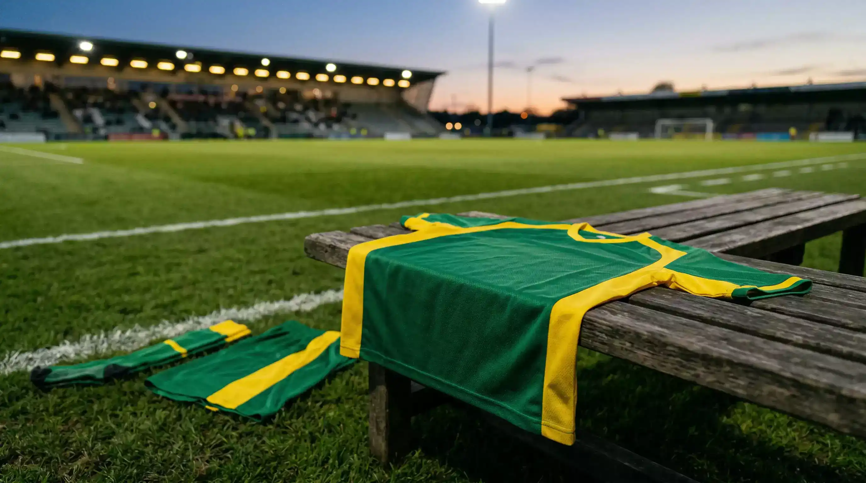 Senegalesisk fotballdrakt i grønt og gult mot en VM-stadionbakgrunn