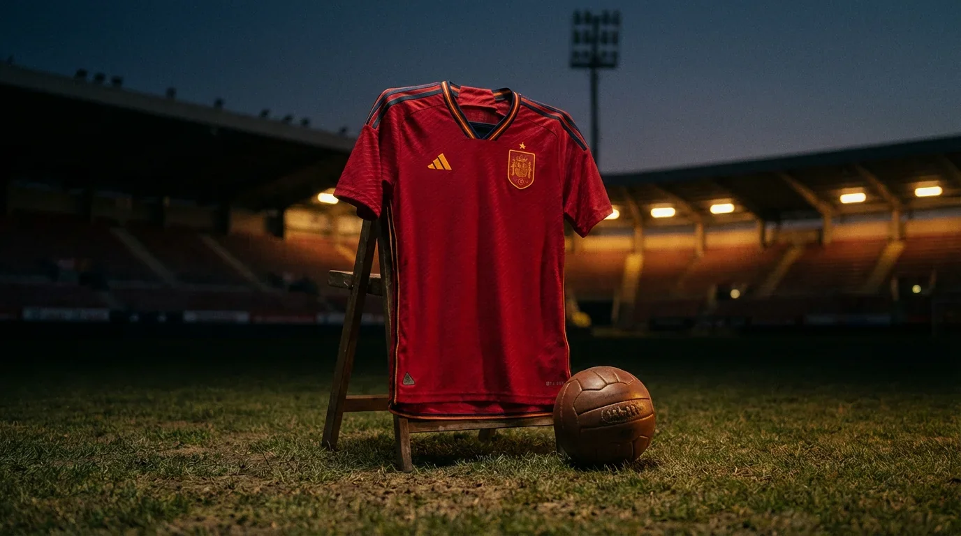 Spansk fotballdrakt med VM 2026-logo mot en mørk bakgrunn