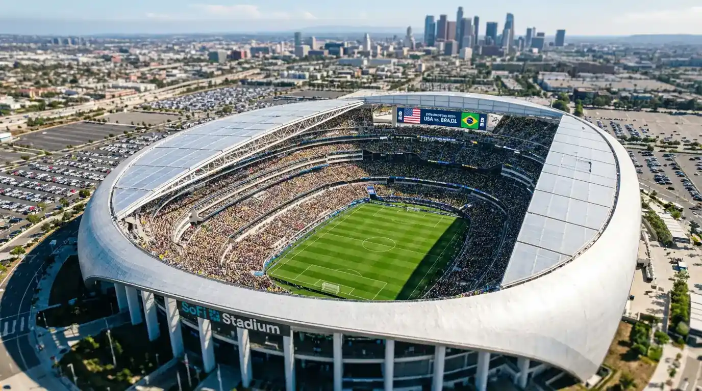 Oversikt over VM 2026-stadioner i USA, Mexico og Canada med fullsatte tribuner under en internasjonal fotballkamp