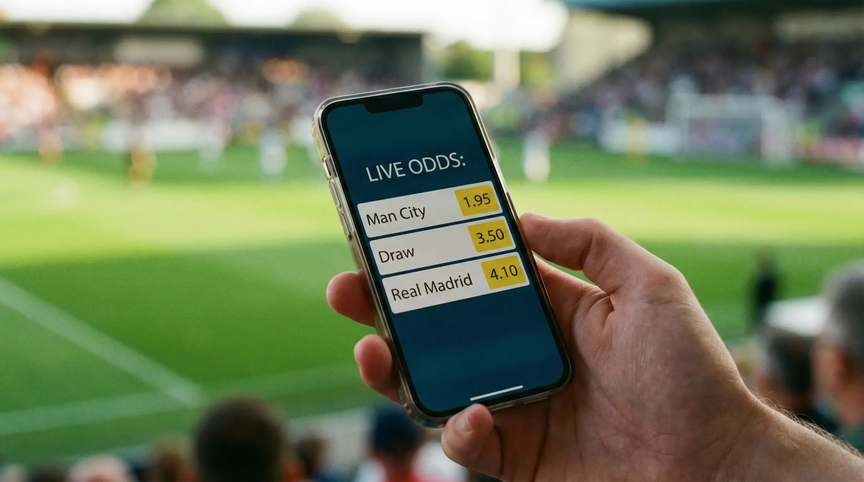 En hånd holder en mobiltelefon med oddstall på skjermen foran en fotballbane